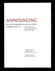 Announcing new work projected from Corvus Works to appear 2022-23.